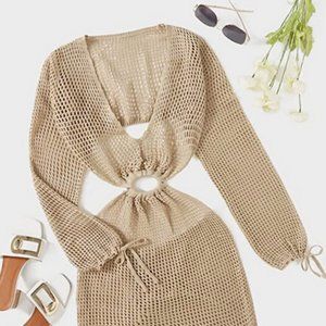 Tan Long Sleeve Deep V Neck Knitted Cover Up, Beach Dress - size Large